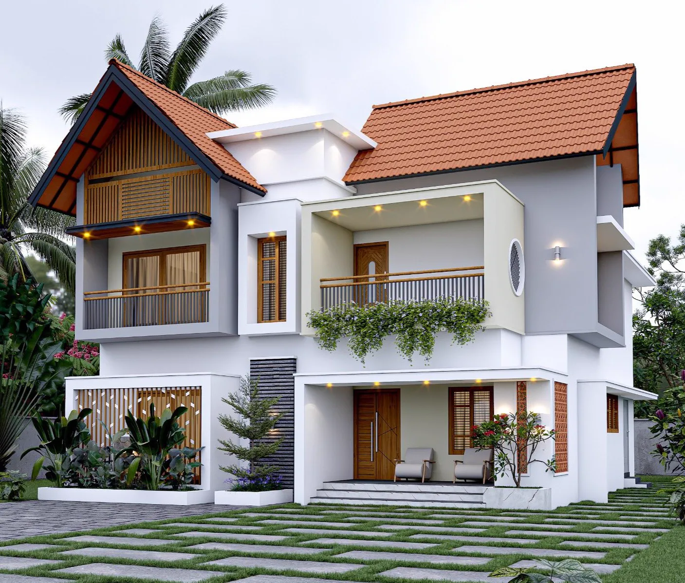 White contemporary Kerala home by SR Ventures with tiled roofs and balconies